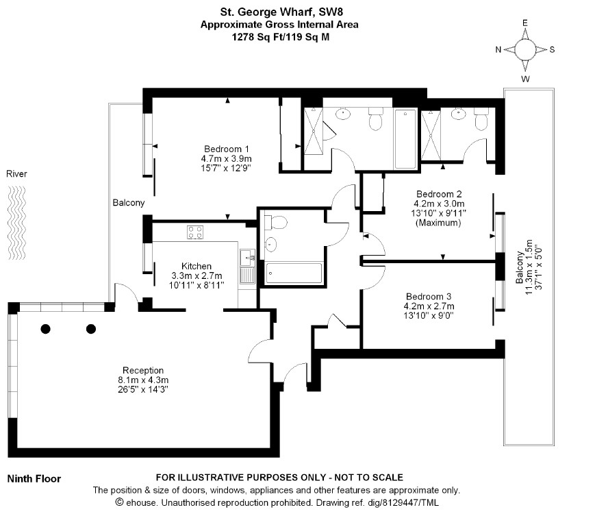 3 Bedrooms Flat to rent in Jellicoe House, St George Wharf, Vauxhall, London SW8