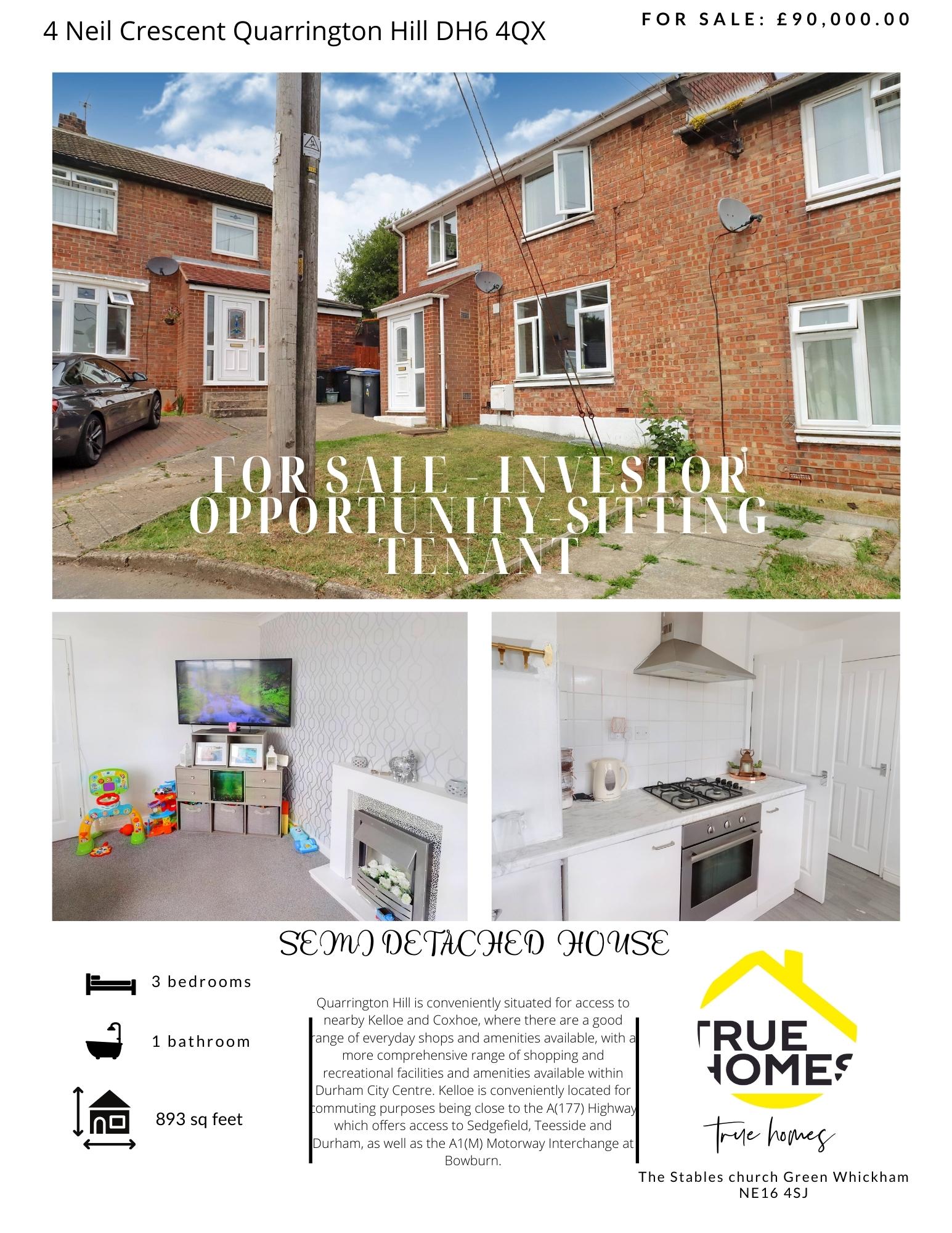 Neil Terrace, Quarrington Hill DH6, 3 bedroom semidetached house for