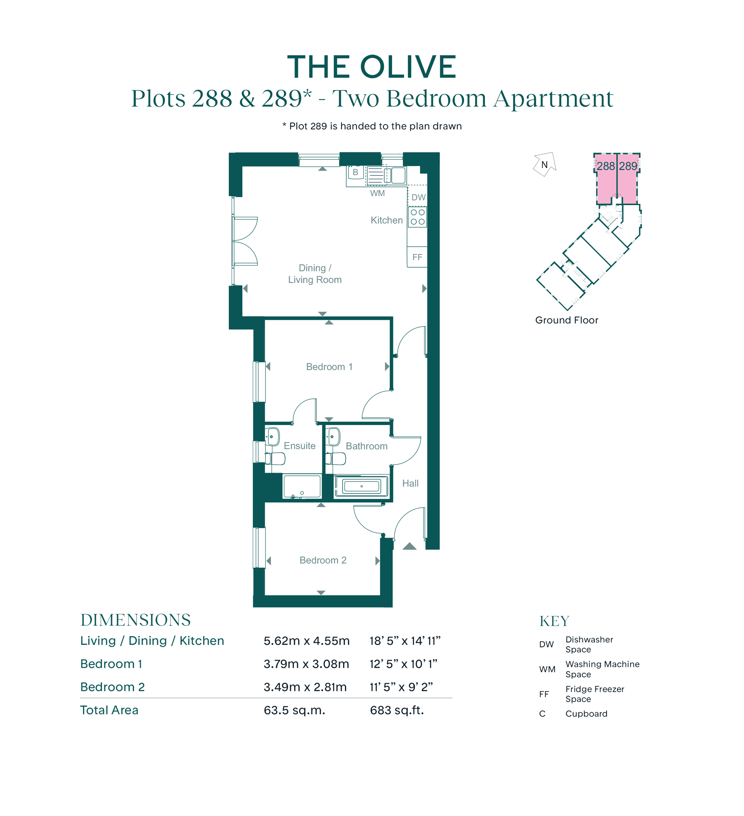 24 Dovestones - olive 2 bed ensuite (683sq ft) 1mrf, Leaf Living at Hampton Water, Peterborough, PE7, Peterborough floorplan