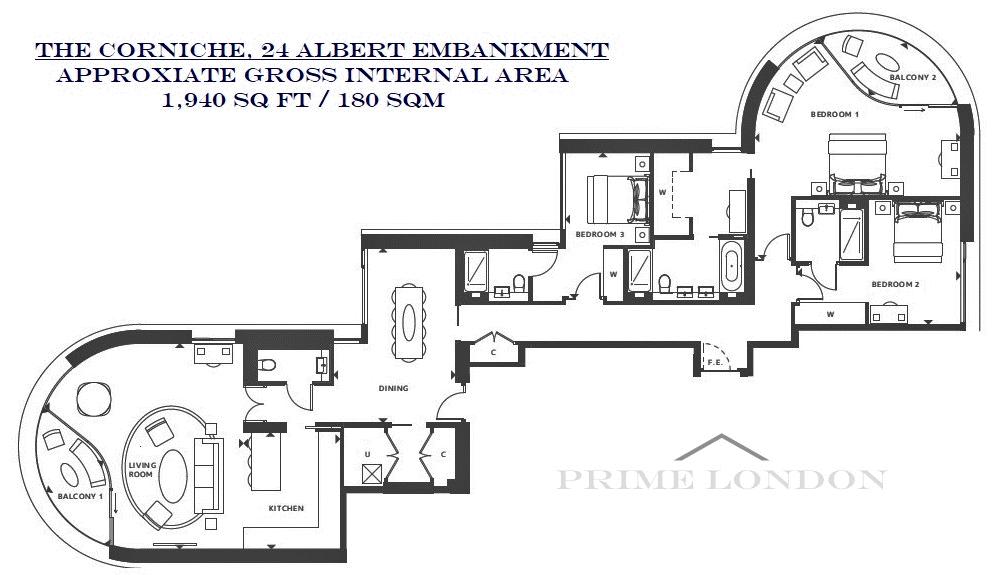 3 Bedrooms Flat to rent in The Corniche, 24 Albert Embankment, London SE1