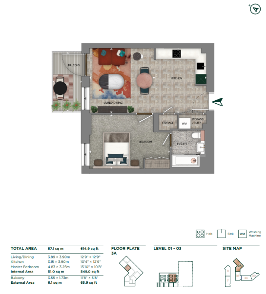 The Arrival, 3A.01.06, One Clapham, Battersea floorplan