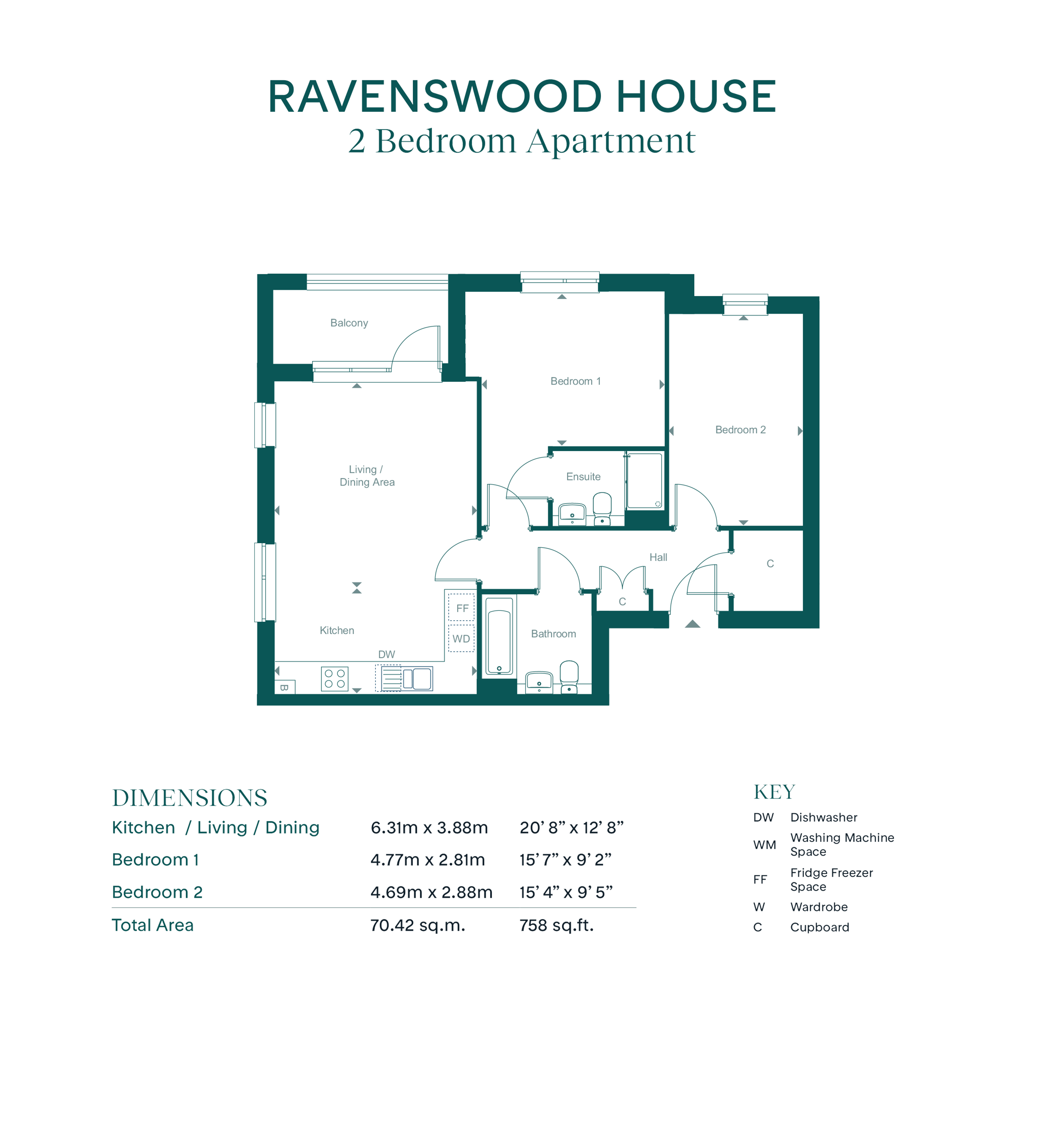 176 eastbridge avenue - ravenhouse 2 bed 758sqft, Leaf Living  Oakhurst at Brookleigh, Burgess Hill RH15, Burgess Hill floorplan